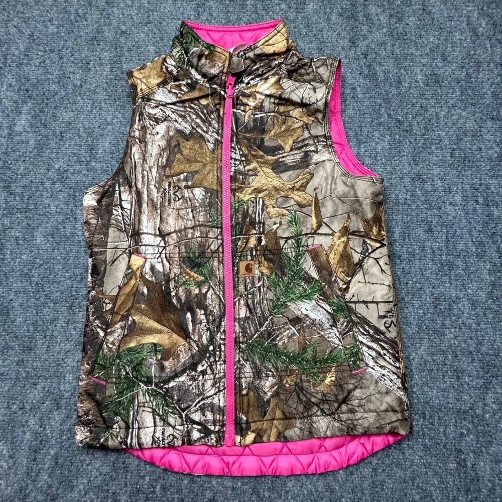 Carhartt Girls Realtree Xtra Camo Quilted Vest Pink Lining M 10/12
